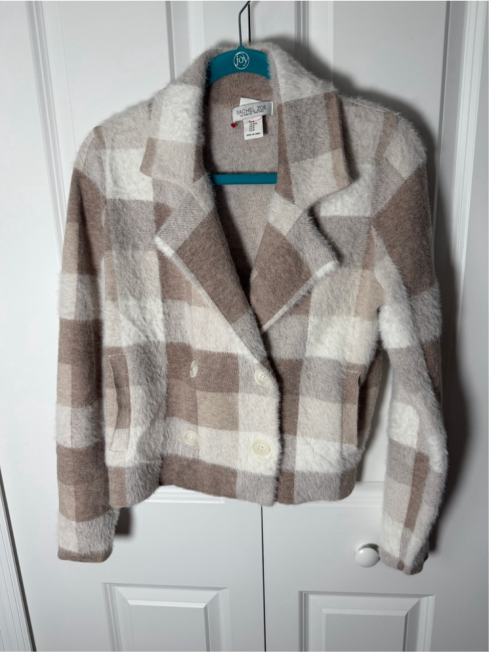 Rachel Zoe Plaid Fuzzy Jacket Beige White Size M